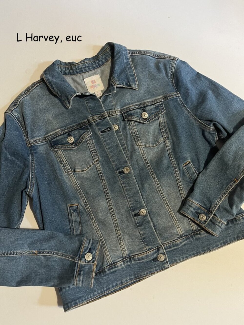 Large Lularoe Harvey jean jacket, blue with orange & green SW patch on back
